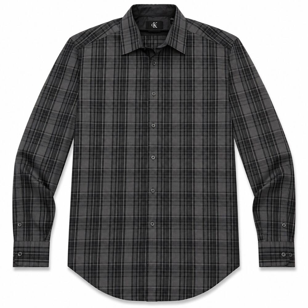 Calvin Klein Black Gray Plaid Long Sleeve Button-Up Shirt